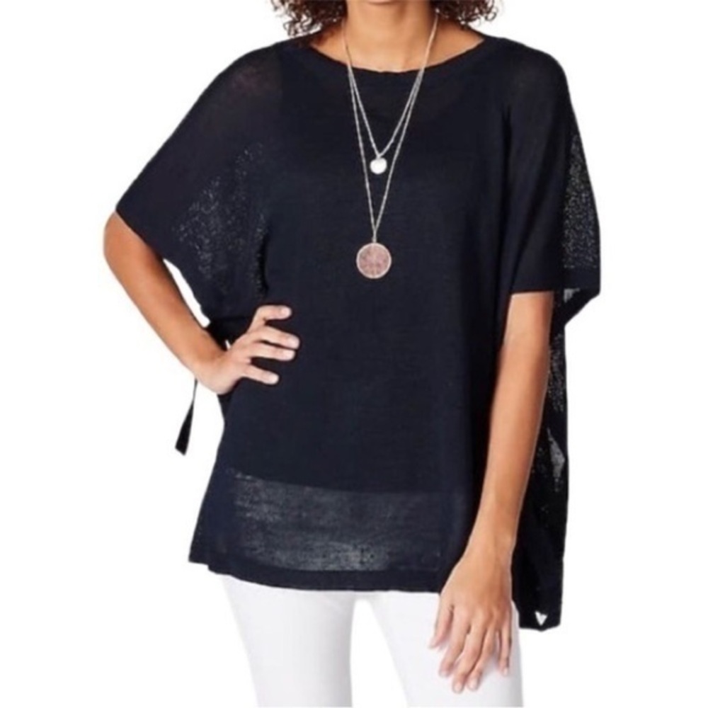 J. Jill Navy Blue Linen Blend Side Tie Short Sleeve Poncho